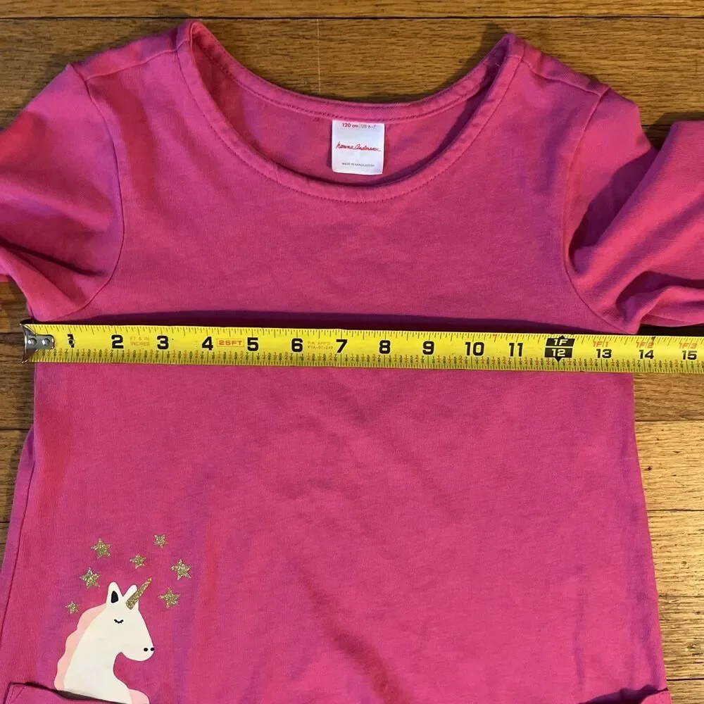 Hanna Andersson Girls Pink Long Sleeve Dress Unicorn Pocket Organic Size 6-7